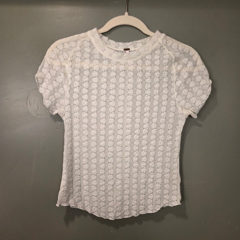 Free People Women's Textured Lace Baby Tee Semi-Sheer, Size M, Ivory